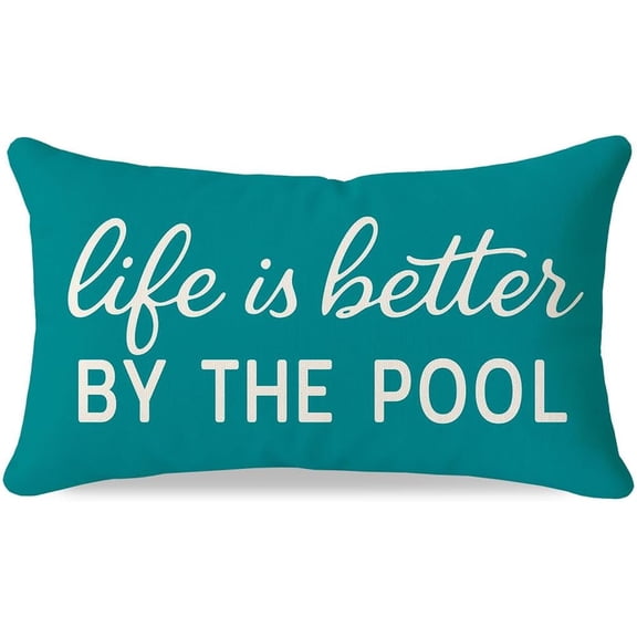 Life is Better by The Pool Lumbar Throw Pillow Cover 12x20 Inch, Tropical Poolside Cabana Decor and Decorations, Outdoor Cushion Cover for Porch Sofa Bench, Teal
