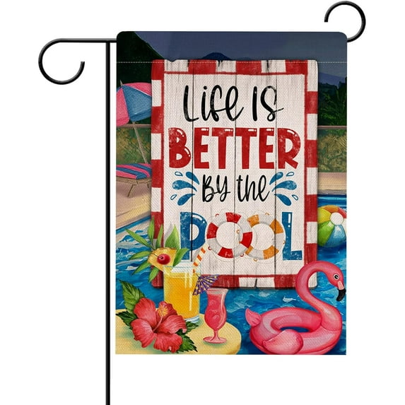 Life is Better by the Pool Summer Garden Flag Double Sided, Flamingo Juice Decorative Yard Outdoor Small Decor Burlap Home Outside Decoration 12.5 x 18