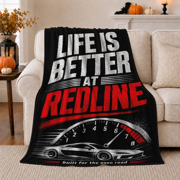 Life Is Better At Redline Automotive, Cozy Typography Art Scene, Warm Flannel Blanket for Living Room and Reading Nook, Art Lovers Father's Day Gift, Artistic Home Decor