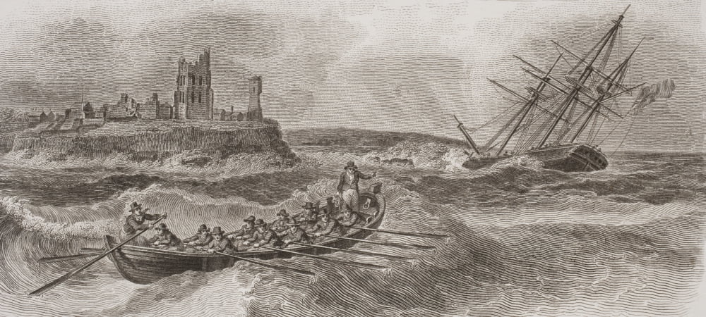 Life Boat Rowing To Rescue Of Foundering Sailing Ship From A Print Dated 1820 Engraved By Milton After W Anderson Canvas Art - Ken Welsh Design Pics (21 x 9)