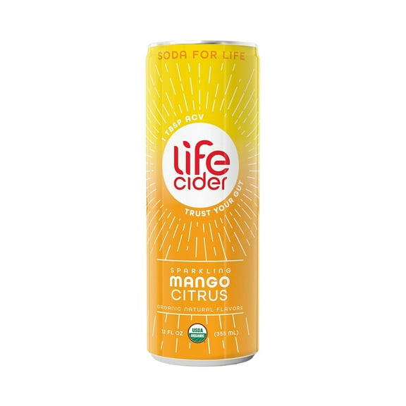 Life Cider Sparkling Apple Cider Vinegar Drink, Mango Citrus, Gut Balance, 12 fl oz Aluminum Can