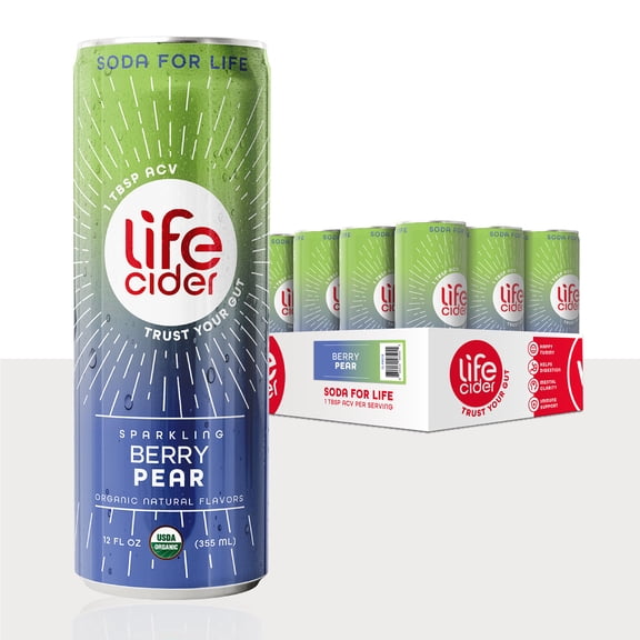 Life Cider Sparkling Apple Cider Vinegar Drink, Berry Pear, Gut Balance, 12 Pack, 12 fl oz Aluminum Can
