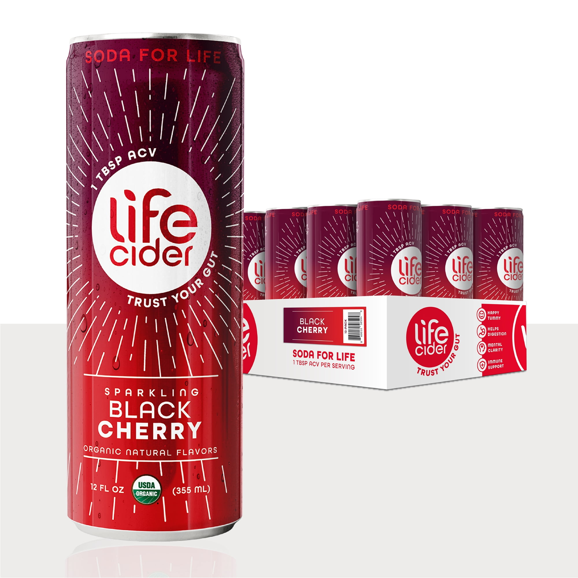 Life Cider, Sparkling Apple Cider Vinegar Drink, Black Cherry, 12