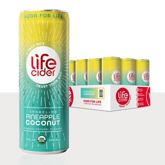 Life Cider Sparkling Apple Cider Vinegar Drink, Pineapple Coconut, Gut Balance, 12 Pack, 12 fl oz Aluminum Can