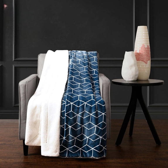 Life Comfort Ultimate Luxe Faux Fur Throw, Blue Geometry