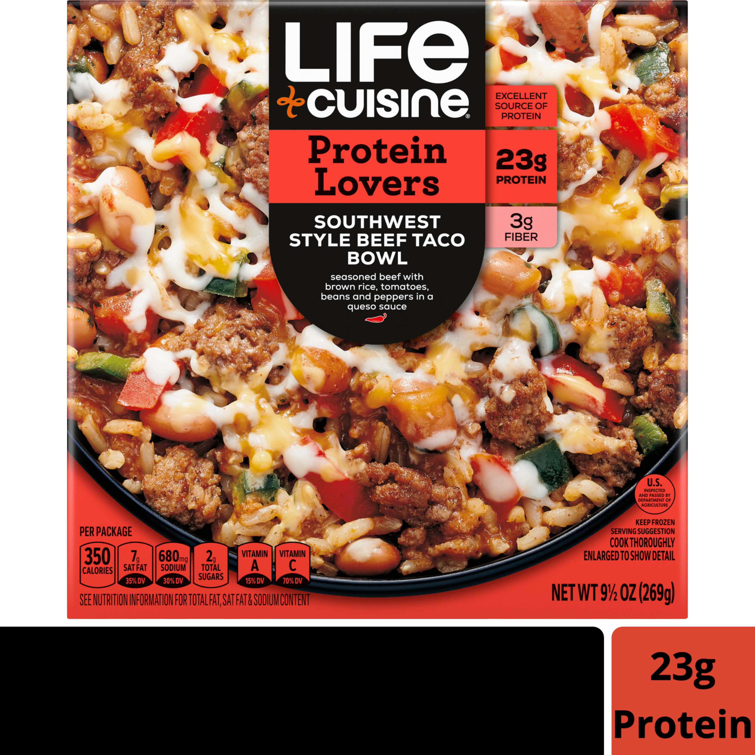Life Cuisine Frozen Meal Southwest Style Beef Taco Bowl, Protein Lovers Microwave Meal, High