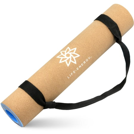 Life Energy 5mm Thick, EkoSmart Non-Slip Cork Yoga Mat with Carry Strap