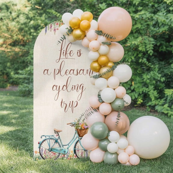 Life Is An Enjoyable Cycling Trip Arch Backdrop Cover 5 FT, Pastoral Bikes Floral Linen Wedding Arch Cover Stretchy Backdrop Stands Covers for Birthday Party Ceremony Banquet Decor