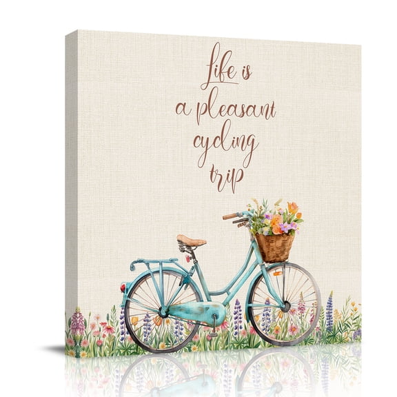 Life Is An Enjoyable Cycling Trip Canvas Wall Art for Living Room, Pastoral Bikes Floral Linen Poster Print Painting for Bedroom Office Home Decoration Wall Pictures Prepare To Hang 8"x8"