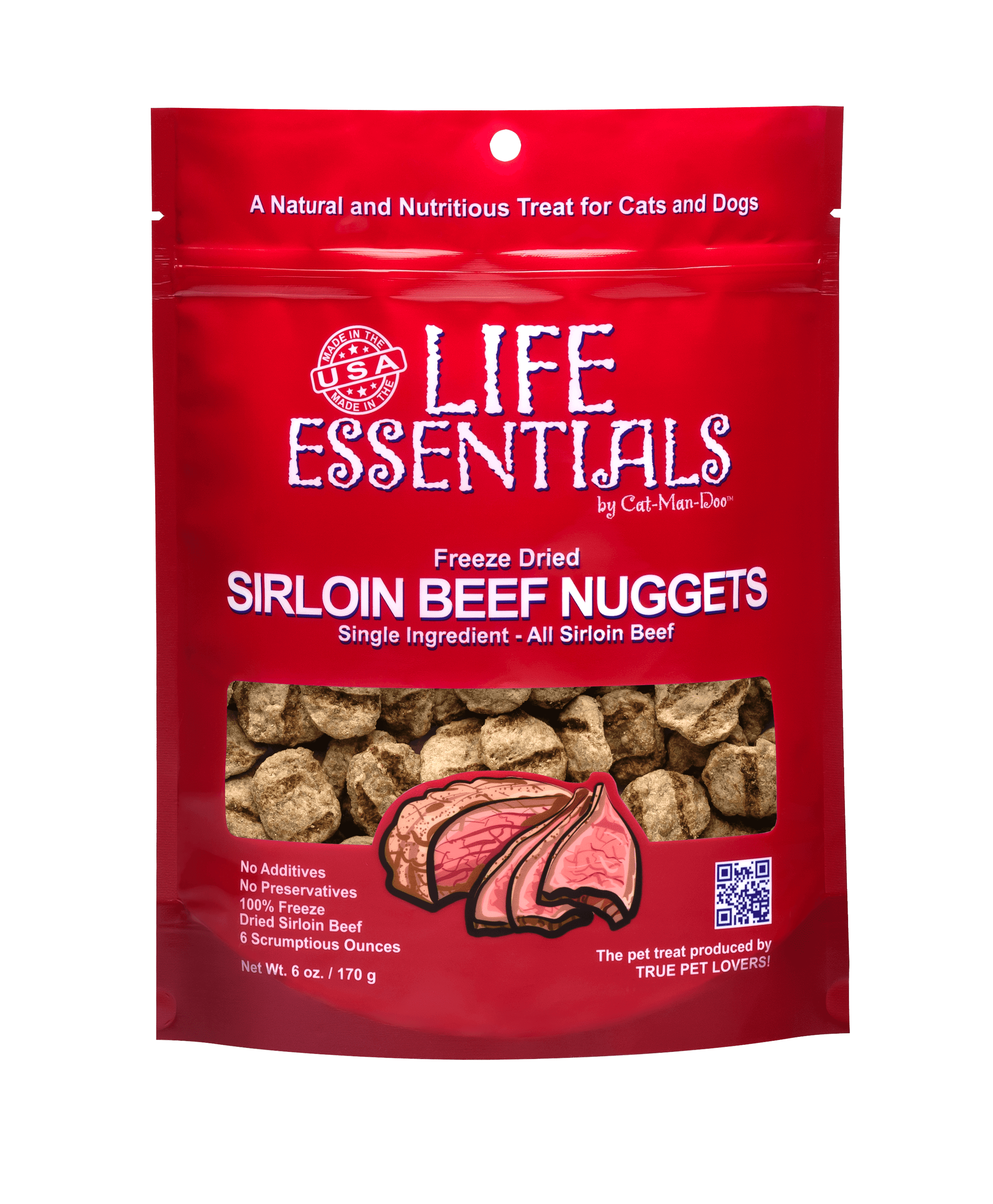 Life Essentials by Cat-Man-Doo Freeze Dried Sirloin Beef Nuggets Dog and Cat Treats, 6 oz. bag
