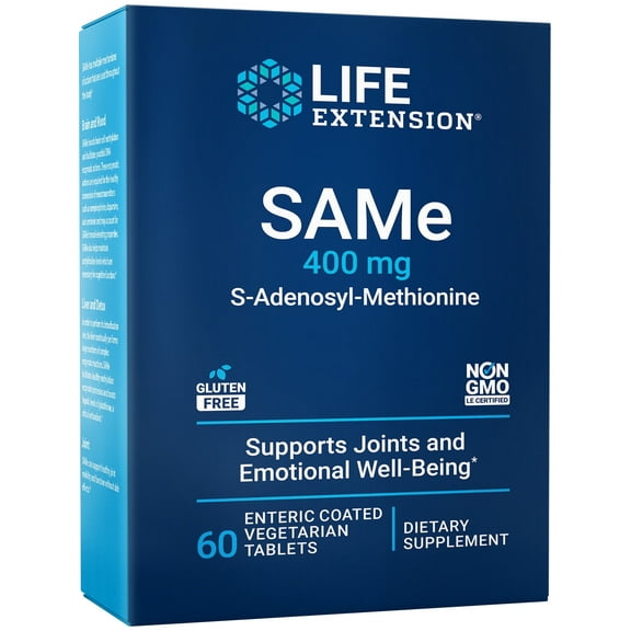 Life Extension SAMe, S-Adenosyl-Methionine, 400 mg,  mood health, liver health and joint support supplement, non-GMO, vegetarian, gluten free, 60 enteric-coated tablets