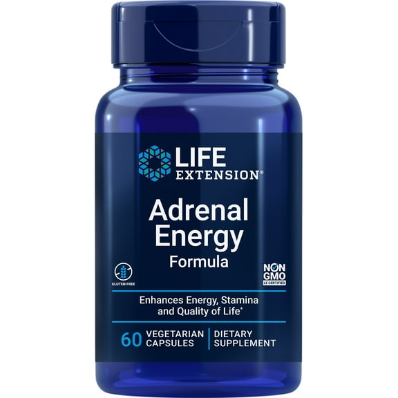 Life Extension Adrenal Energy Formula, help inhibit the effects of stress, holy basil, cordyceps, bacopa and ashwagandha, gluten free, non-GMO, vegetarian, 60 capsules