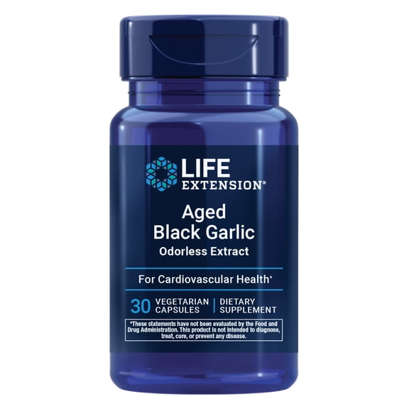 Life Extension Aged Black Garlic, heart health support supplement, blood pressure health support, cholesterol health support, once-daily, gluten free, vegetarian, non-GMO, 30 capsules