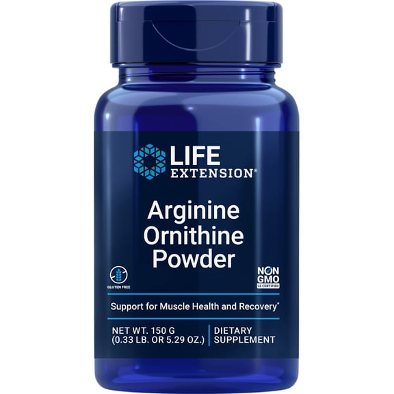 Life Extension Arginine Ornithine Powder, promotes muscle health & recovery, gluten free, non-GMO, net weight 150 grams