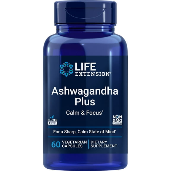 Life Extension Ashwagandha Plus Calm & Focus, ashwagandha extract, spearmint extract, focus, attention, relaxation, advanced formula, 60 vegetarian capsules