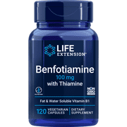 Life Extension Benfotiamine with Thiamine, healthy blood sugar metabolism support, 100 mg benfotiamine, cardiovascular health, brain health, non-GMO, gluten-free, 120 vegetarian capsules