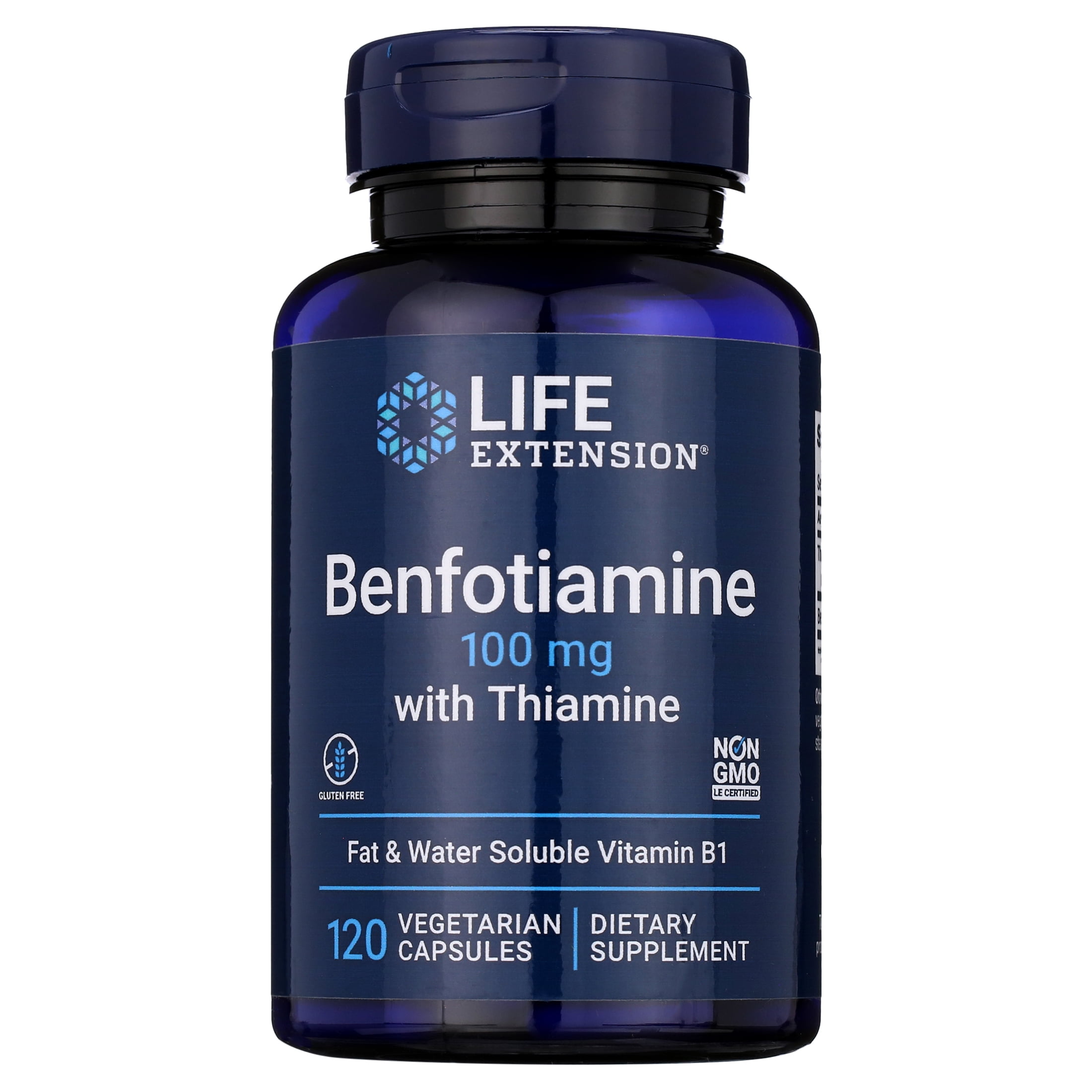 Life Extension Benfotiamine with Thiamine, 100 mg - Fat &amp; Water Soluble Vitamin B1 - Gluten-Free, Non-GMO, 120 Vegetarian Capsules