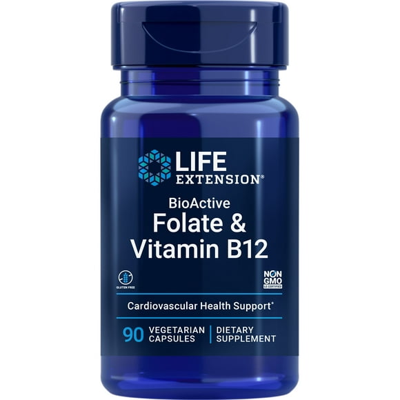 Life Extension BioActive Folate & Vitamin B12, promotes heart, brain & GI tract health, non-GMO, gluten-free, vegetarian, 90 capsules