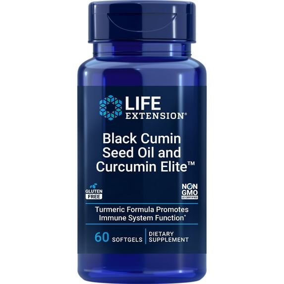 Life Extension Black Cumin Seed Oil and Curcumin Elite™, black cumin, turmeric extract, immune health support, high bioavailability, whole-body health, gluten free, non-GMO, 60 softgels