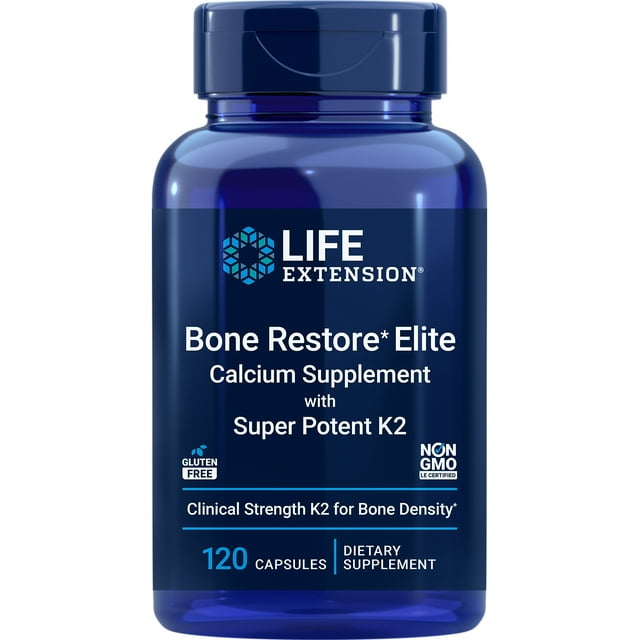 Life Extension Bone Restore Elite with Super Potent K2 - Clinically Studied Vitamin K2 Dose & Calcium, Promotes Bone Health & Density - Gluten-Free, Non-GMO - 120 Capsules