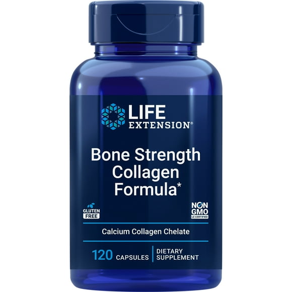 Life Extension Bone Strength Collagen Formula, calcium collagen chelate, calcium fructoborate, vitamin D3, magnesium citrate, silicon, dried plum extract, boron, gluten-free, non-GMO, 120 capsules