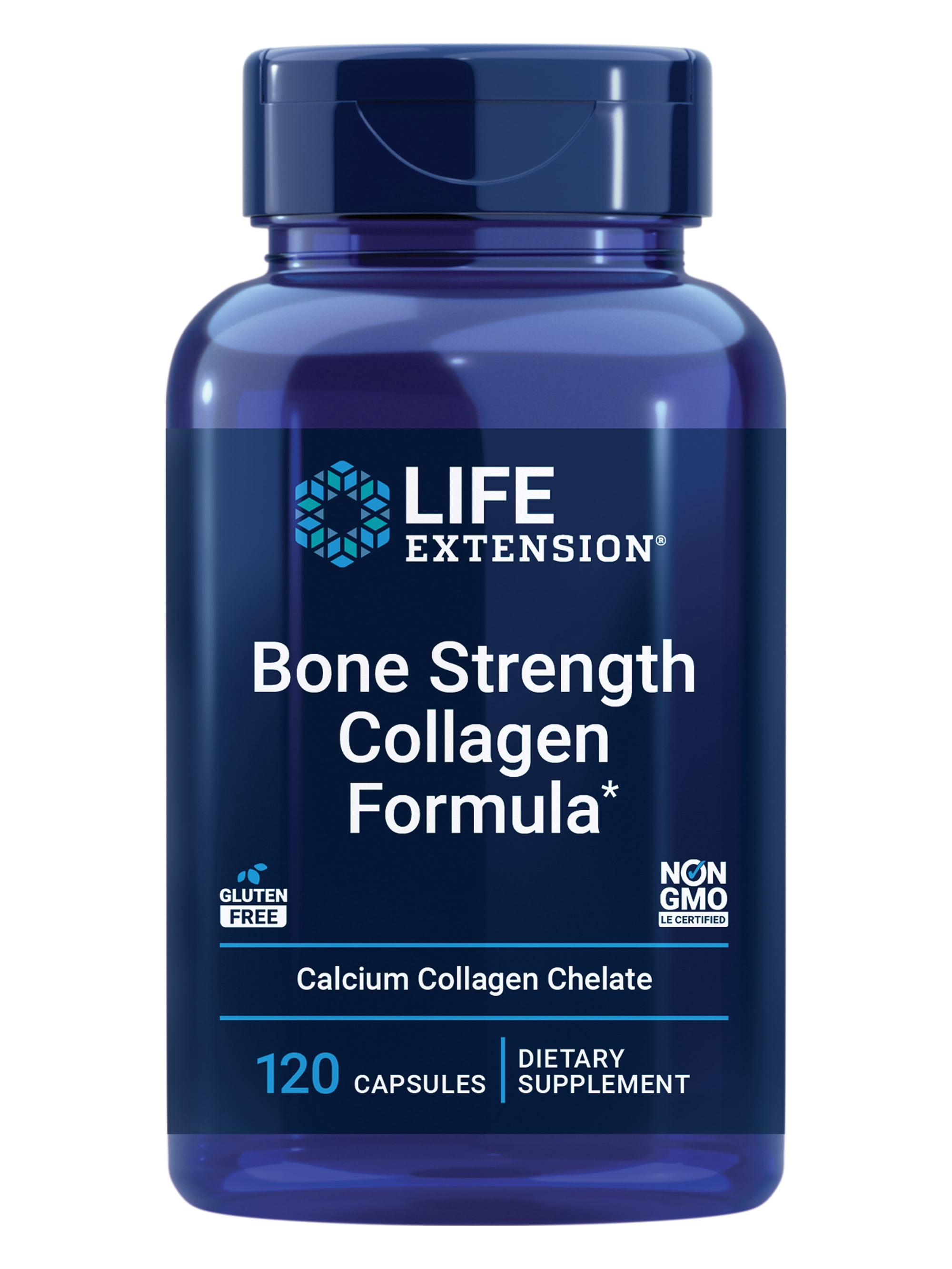 Life Extension Bone Strength Collagen Formula, calcium collagen chelate, calcium fructoborate, vitamin D3, magnesium citrate, silicon, dried plum extract, boron, gluten-free, non-GMO, 120 capsules