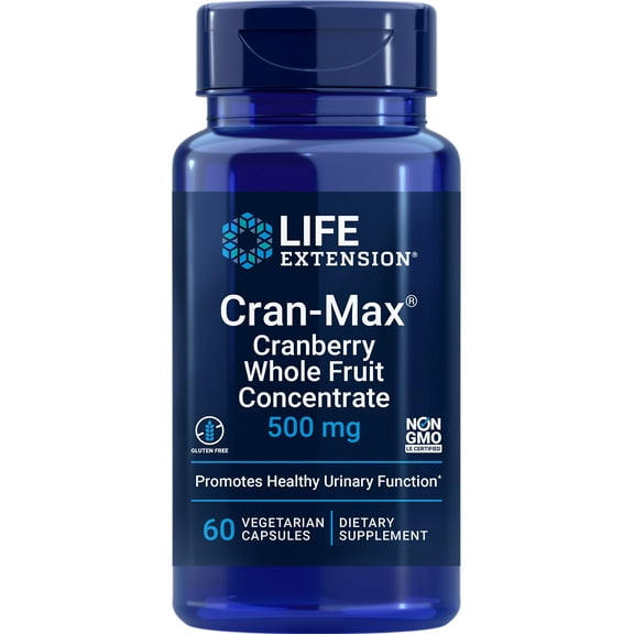 Life Extension Cran-Max, 500 mg, cranberry whole fruit concentrate, promotes urinary tract health with powerful antioxidants, gluten-free, vegetarian, non-GMO, 60 capsules