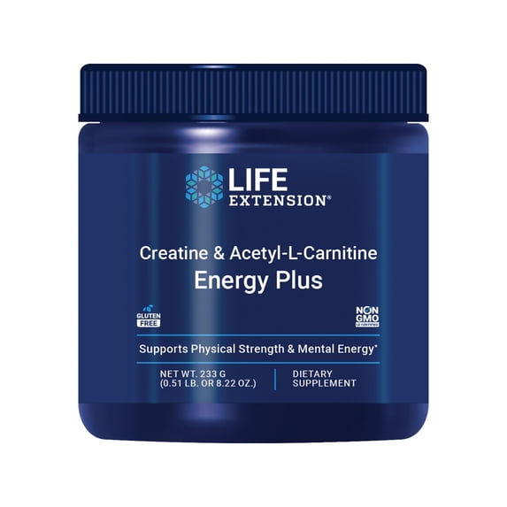 Life Extension Creatine Acetyl-L-Carnitine Energy Plus, energy support supplement, creatine monohydrate, acetyl-L-carnitine, gluten-free, non-GMO, vegetarian, 30 servings
