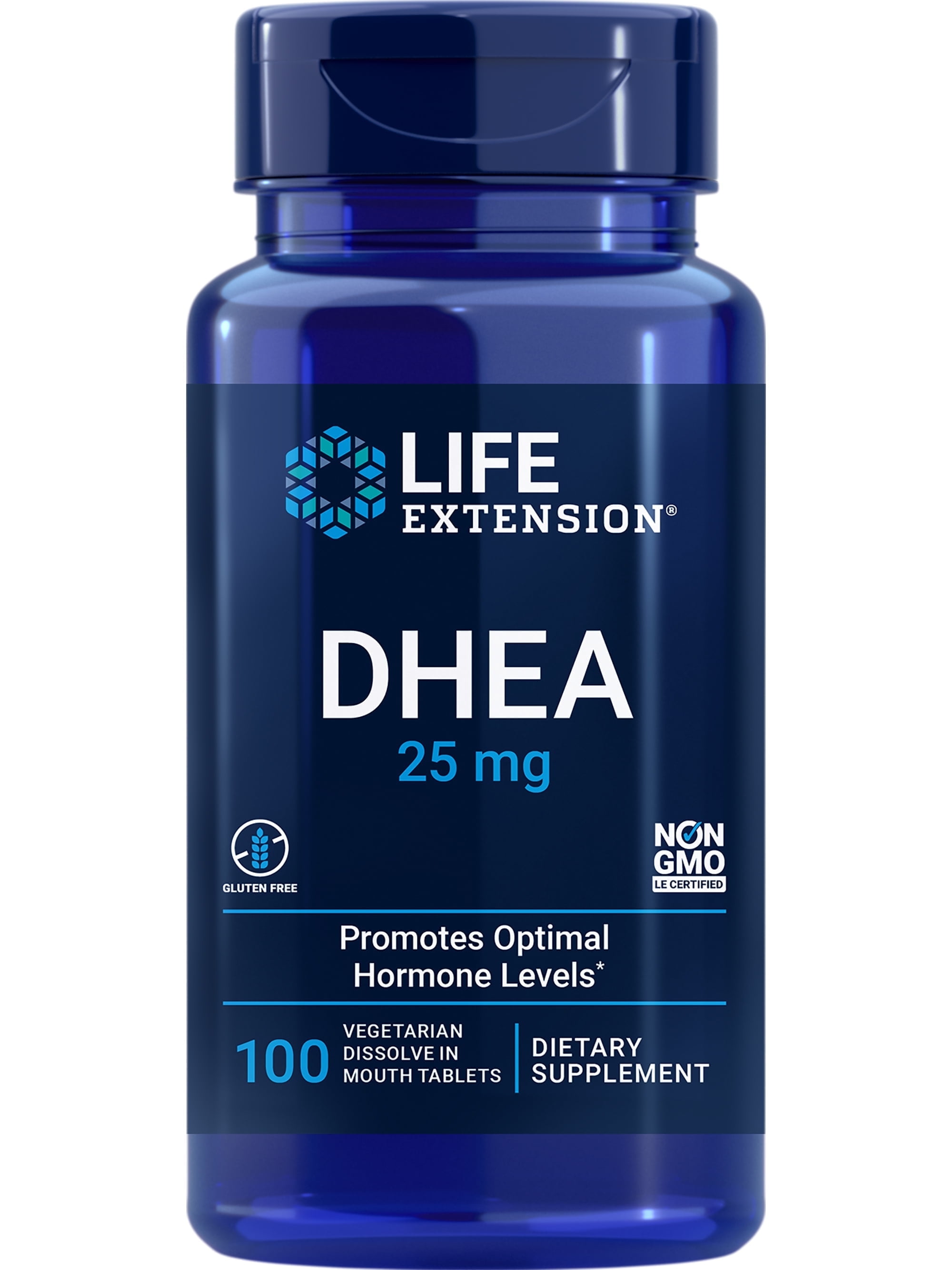 Life Extension DHEA 25 mg, dehydroepiandrosterone, healthy hormone balance, cardiovascular health, lean muscle mass, gluten-free, non-GMO, vegetarian, 100 dissolve-in-mouth tablets