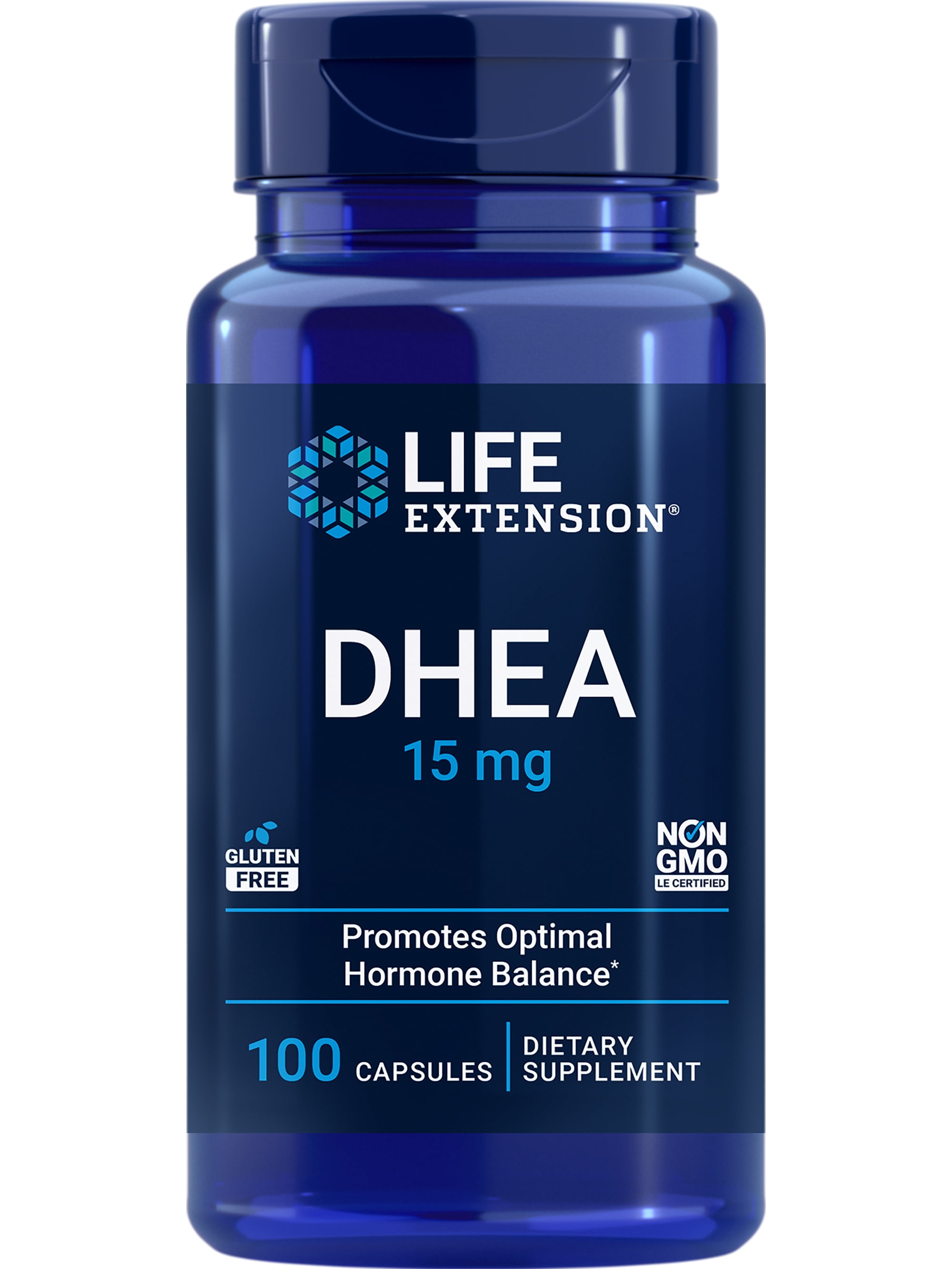 Life Extension DHEA 15 mg, dehydroepiandrosterone, healthy hormone balance, cardiovascular health, supports lean muscle mass, gluten-free, non-GMO, 100 capsules
