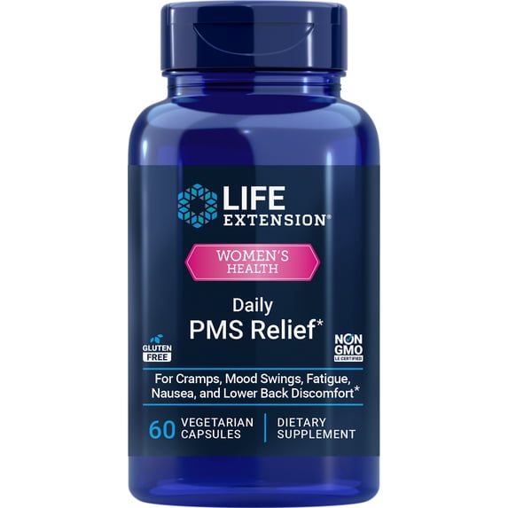Life Extension Daily PMS Relief, menstrual comfort supplement, PMS-related cramps, lower back discomfort, mood, ginger, magnesium, B6, gluten-free, non-GMO, 60 capsules