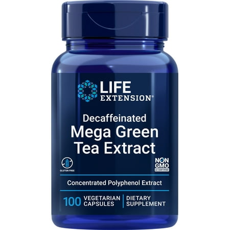 Life Extension Decaffeinated Mega Green Tea Extract – Polyphenol-Rich, Cell Health, Heart Health, Brain Health, Antioxidant Protection – Non-GMO, Gluten-Free, Vegetarian – 100 Capsules
