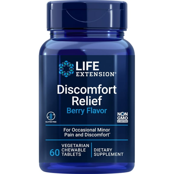 Life Extension Discomfort Relief (Berry Flavor) - For Occasional Minor Pain & Discomfort - Gluten-Free, Non-GMO - 60 Vegetarian Chewable Tablets