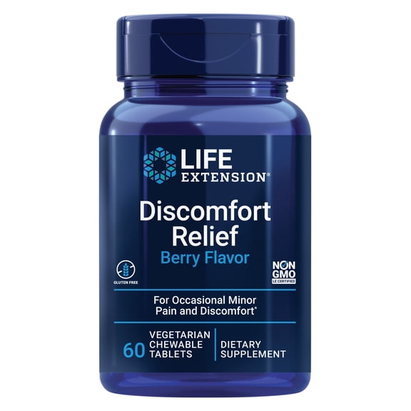 Life Extension Discomfort Relief (Berry Flavor) - For Occasional Minor Pain & Discomfort - Gluten-Free, Non-GMO - 60 Vegetarian Chewable Tablets