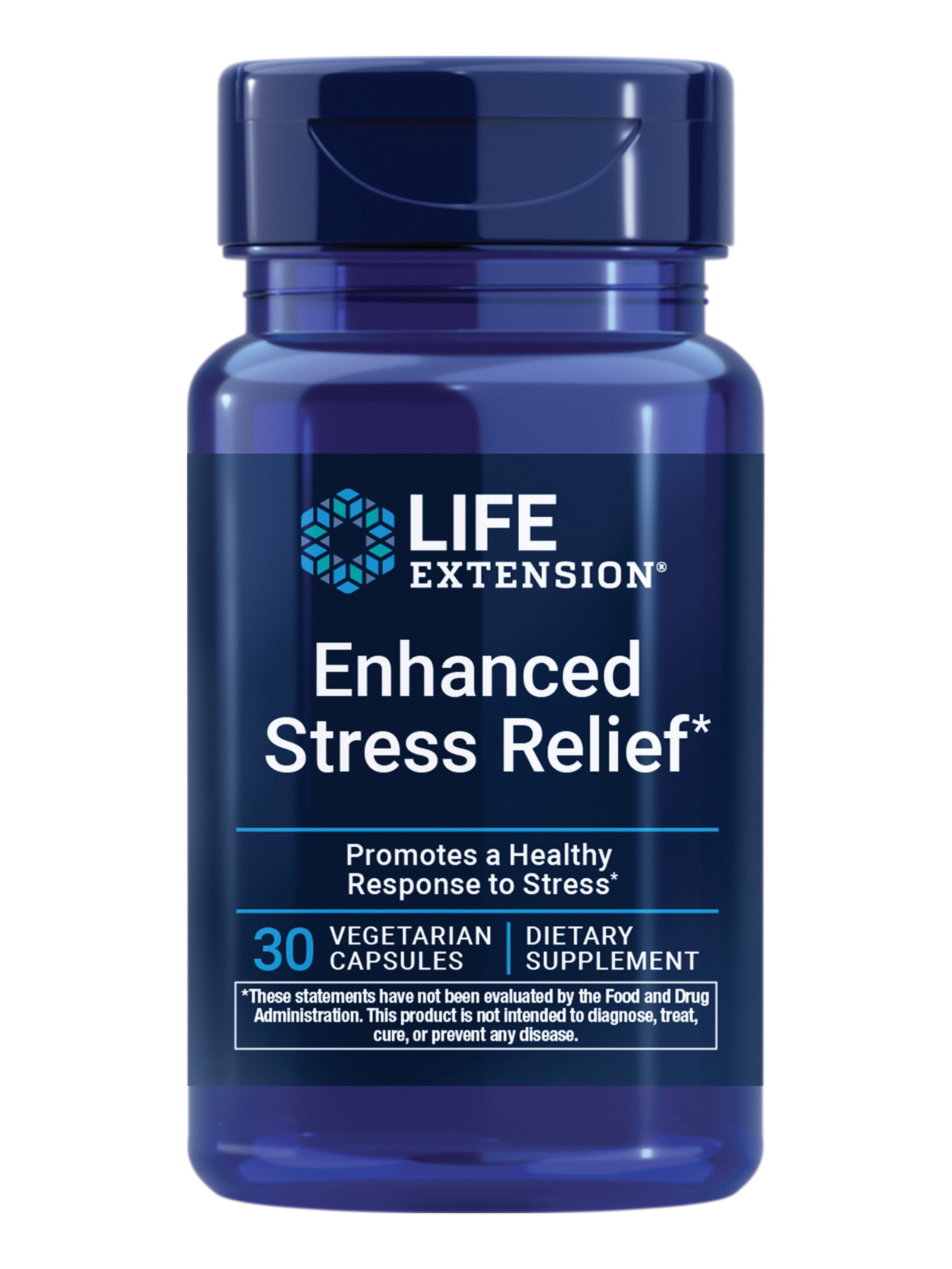 Life Extension Enhanced Stress Relief, lemon balm extract, L-theanine, decompress with this supplement for stress, gluten-free, non-GMO, vegetarian, 30 capsules