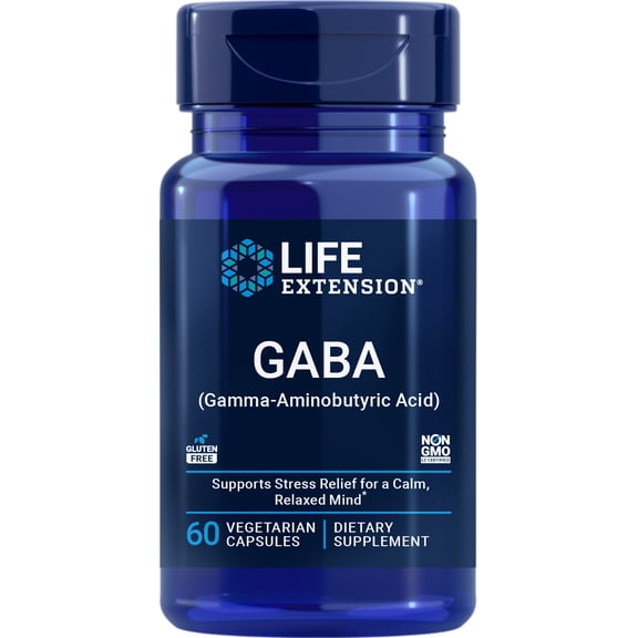 Life Extension GABA, stress support, GABA supplement, mood support, sleep, relaxation, gluten-free, non-GMO, vegetarian, 60 capsules