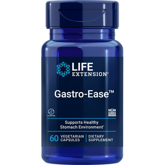 Life Extension Gastro-Ease, zinc L-carnosine, Pylopass Lactobacillus reuteri probiotics, digestion supplement, gut health, stomach comfort, gluten-free, non-GMO, vegetarian, 60 capsules