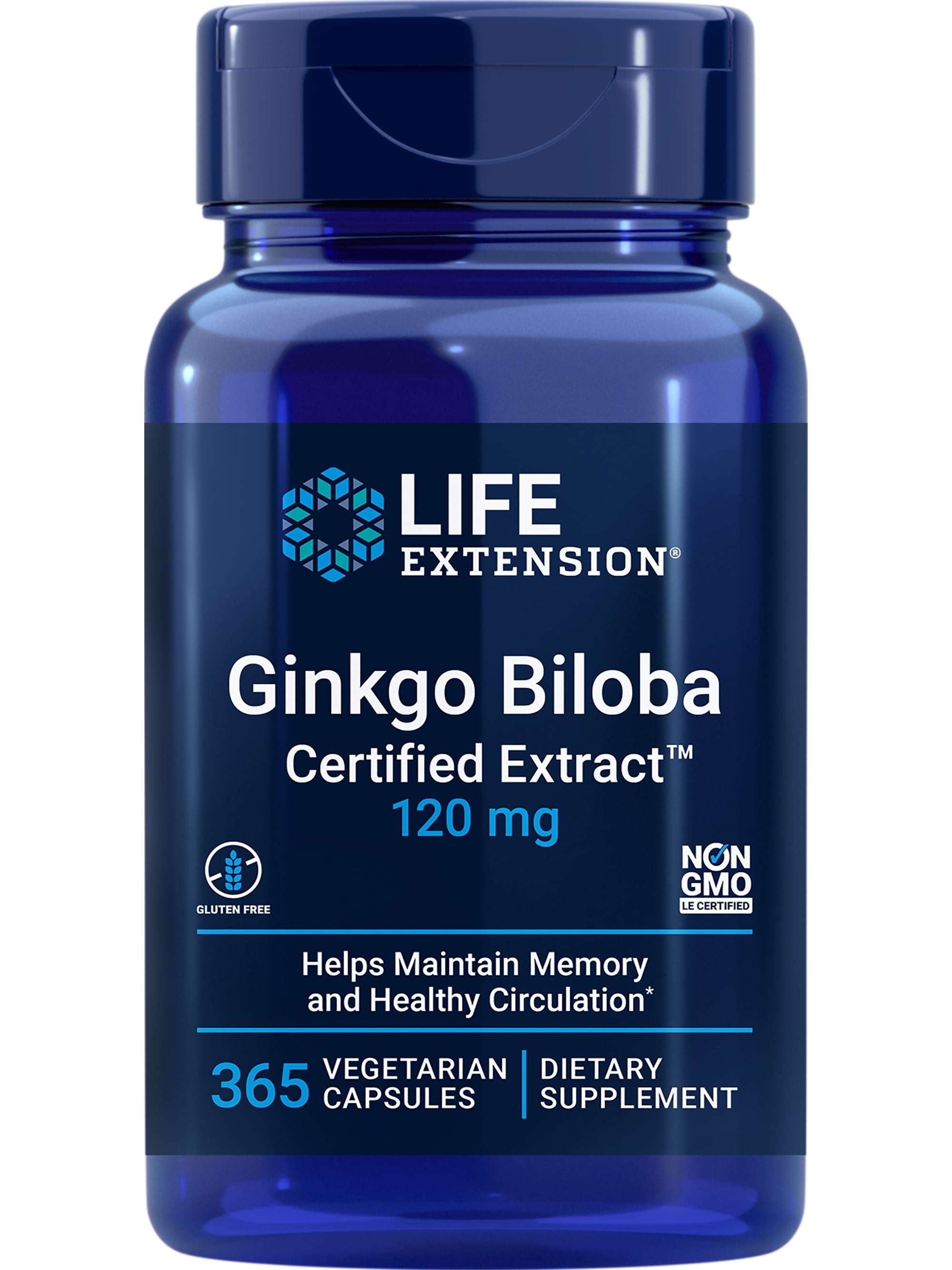 Life Extension Ginkgo Biloba Certified Extract, 120 mg, helps maintain memory & cognition, gluten-free, non-GMO, vegetarian, 365 capsules