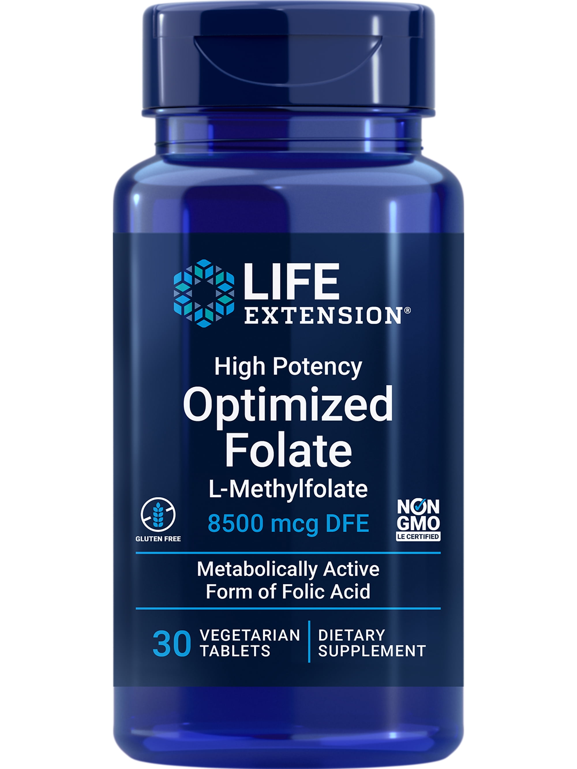Life Extension High Potency Optimized Folate  L-methylfolate  Folic Acid, 8500 mcg DFE  Heart & Brain Support, Healthy Homocysteine Levels  Gluten-Free, Non-GMO, Vegetarian  30 Tablets