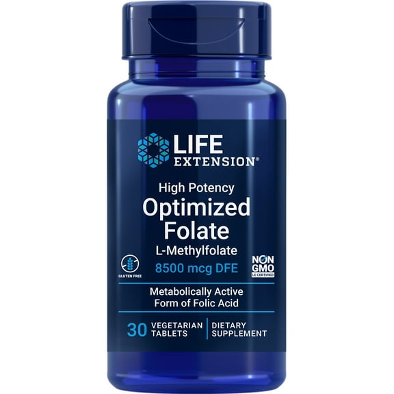 Life Extension High Potency Optimized Folate – L-methylfolate – Folic Acid, 8500 mcg DFE – Heart & Brain Support, Healthy Homocysteine Levels – Gluten-Free, Non-GMO, Vegetarian – 30 Tablets