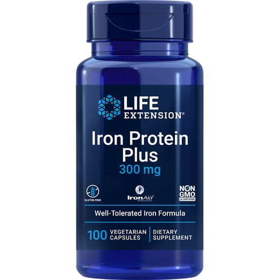 Life Extension Iron Protein Plus, iron protein succinylate, absorbable iron supplement for whole-body health, non-GMO, gluten-free, vegetarian, 100 capsules