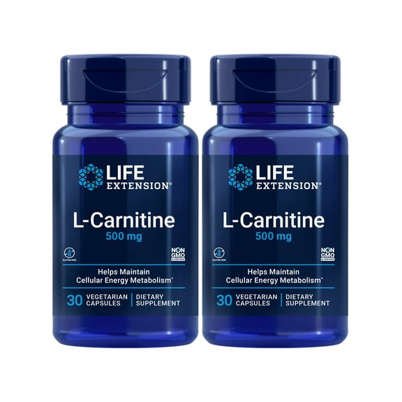 Life Extension L-Carnitine – 500 mg, Energy Supplement, Memory Supplement – Free Form Amino Acid, Nitric Oxide Support, Healthy Blood Pressure – Gluten-Free, Non-GMO – 30 Capsules. Pack of 2 Bottles