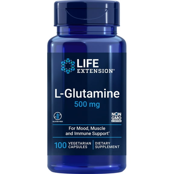 Life Extension L-Glutamine, 500 mg L-glutamine, amino acid, supports muscle health and immune health, gluten-free, non-GMO, 100 vegetarian capsules