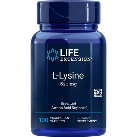 Life Extension L-Lysine, 620 mg, essential amino acid for healthy nitrogen balance, calcium metabolism, stress response & more, gluten-free, non-GMO, vegetarian, 100 capsules