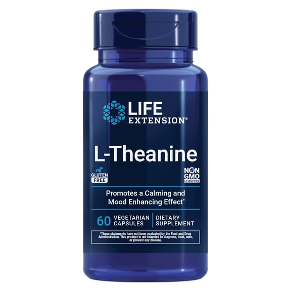 Life Extension L-Theanine, amino acid theanine, calm, relaxation, mood, gluten-free, non-GMO, vegetarian, 100 mg, 60 capsules