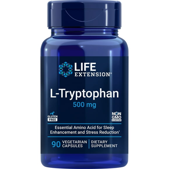 Life Extension L-Tryptophan 500 mg L-Tryptophan Supplement for Healthy Sleep and Stress Response Support Gluten-Free, Non-GMO, Vegetarian 90 Capsules