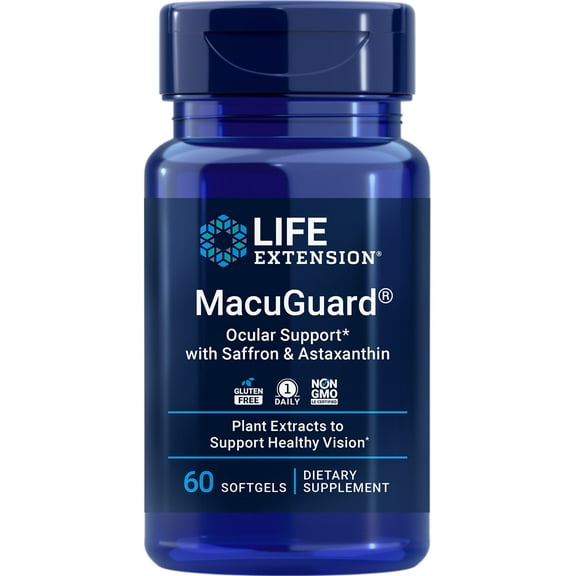 Life Extension, MacuGuard® Ocular Support with Saffron & Astaxanthin, eye health supplement, sharp vision support, carotenoid blend 208 mg, 60 softgels
