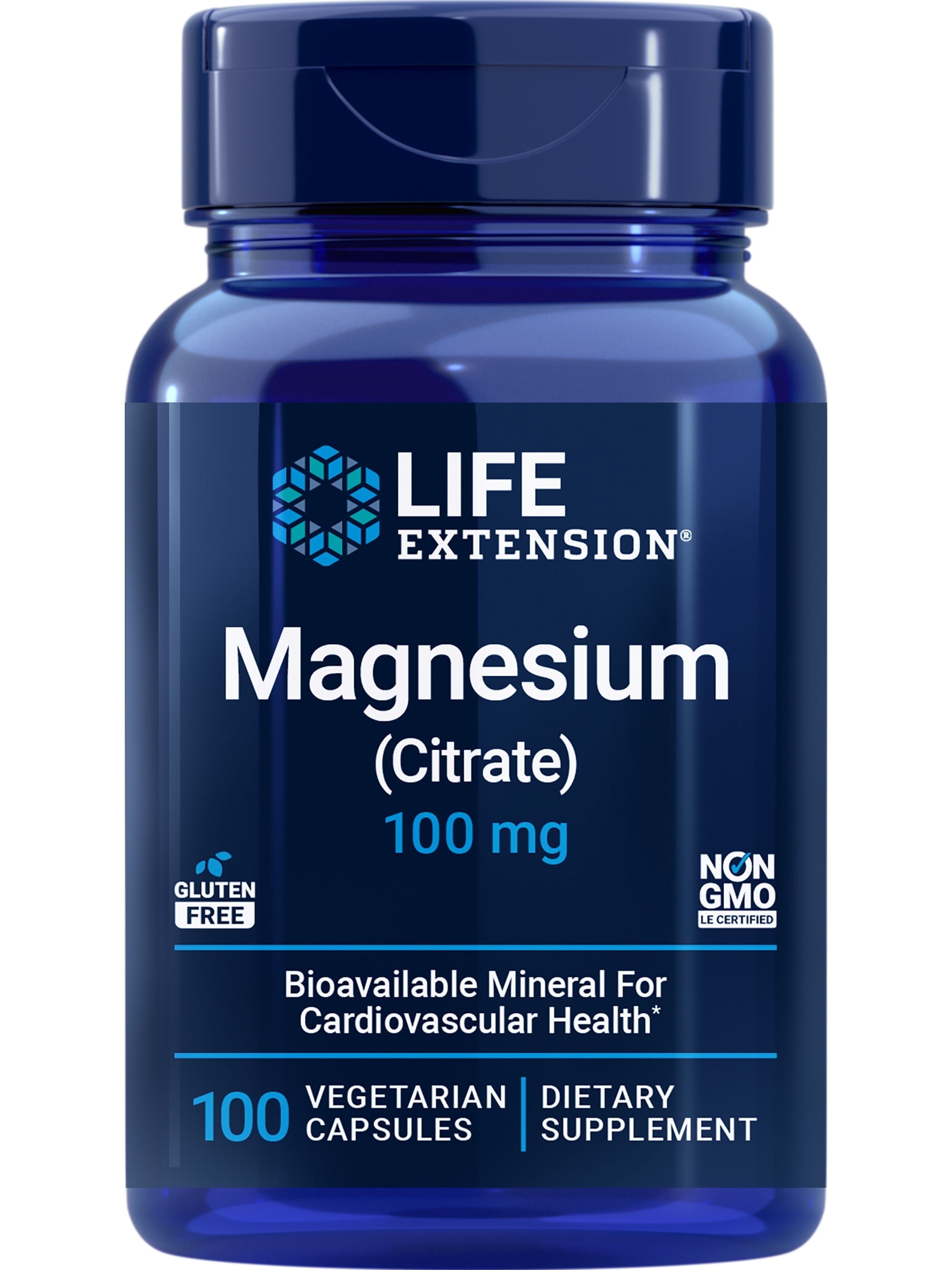Life Extension Magnesium (Citrate), 100 mg, heart health, bone health, cardiovascular support, blood pressure health support, bioavailable formula, gluten free, non-GMO, vegetarian, 100 capsules