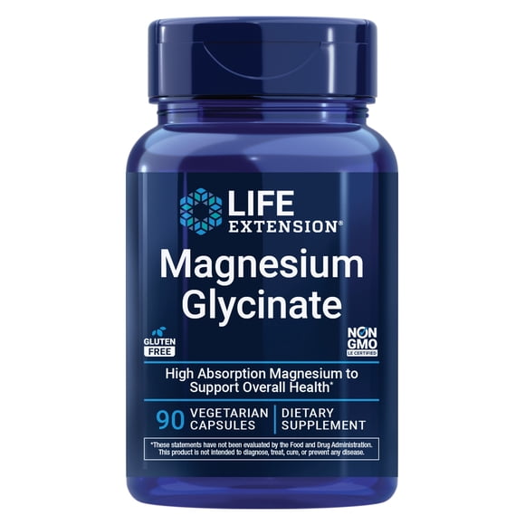 Life Extension Magnesium Glycinate, heart health, bone health, nerve and muscle support, highly absorbable, gluten-free, non-GMO, vegetarian, 90 capsules