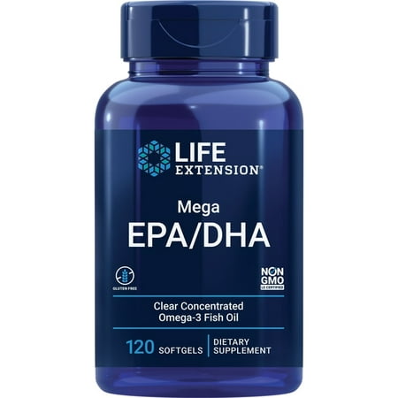 Life Extension Mega EPA DHA, Fish Oil, EPA Omega-3 Fatty Acid, DHA Omega-3 Fatty Acid Heart, Brain & Joint Health, high Potency, Gluten-Free, Non-GMO, 120 softgels